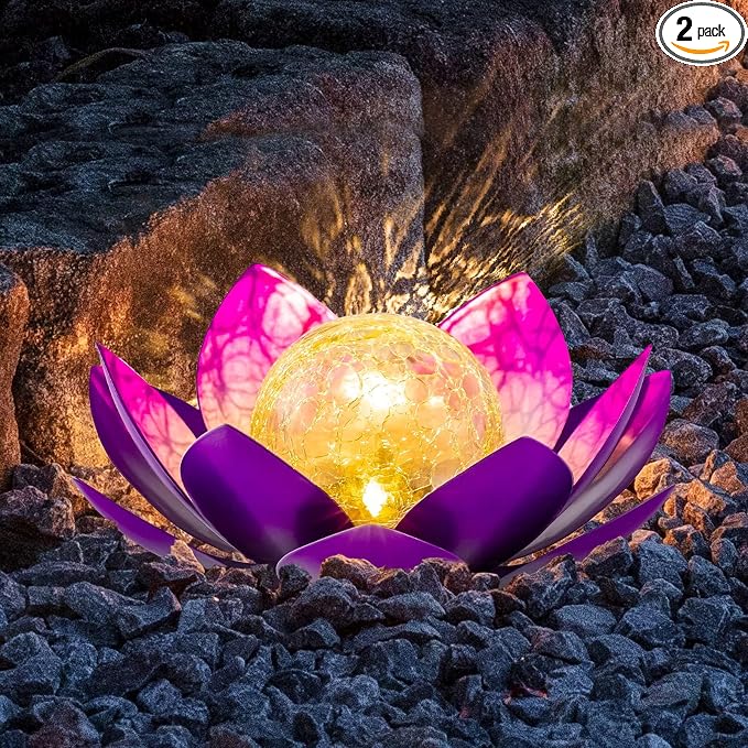 AIINY Solar Light Outdoor Decor Art Crackle Globe Glass Lotus Decoration, Solar LED Waterproof Purple Metal Flower Lights for Patio,Lawn,Walkway,Tabletop(2Pack)