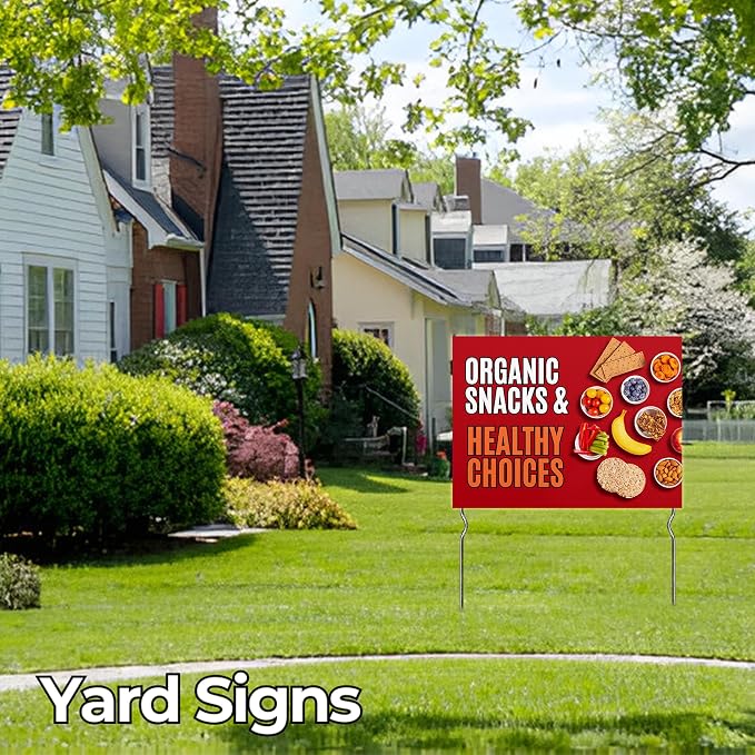 Organic Snacks & Healthy Choices! Yard Sign by DC | 24"x18" Double Sided Conv. Store Garden Sign with 13” Metal Stakes | Outdoor Signs Waterproof for Lawn, Patio, Sidewalk & House | Set of 1