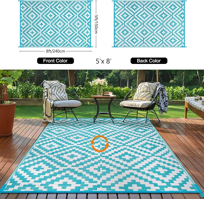 Outdoor Patio Plastic Straw Rug - 5x8 ft Outdoor Camping Rug Waterproof Reversible, Area Carpet Patios RV, Outside Porch Balcony Deck for Camper, Blue & White