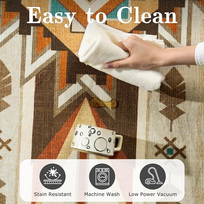 5x7 Western Rustic Aztec Area Rug for Living Room Bedroom Dining Room | Southwestern Tribal Beige Low Pile Faux Wool Rug, Machine Washable Non-Slip Carpet for Living Room Dining Bedroom