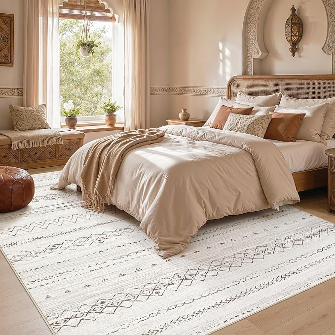 cotiled Boho 8x10 Area Rugs for Living Room: Large Moroccan Washable Rug | Solve Modern Neutral Trendy Home Decor - Stain Resistan Carpet for Bedroom Farmhouse Dining Room Browm