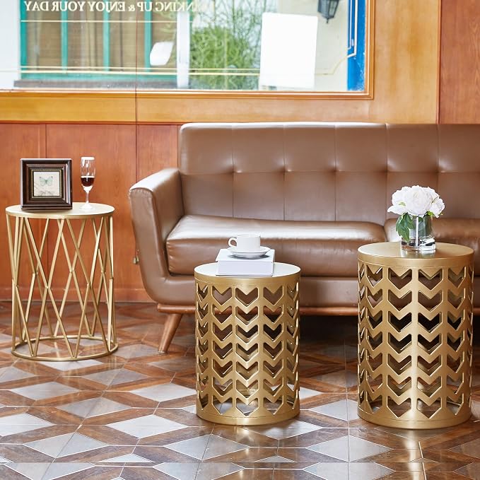 Y&M Outdoor Side Tables Set of 3, Round Heavy Duty Metal Nesting End Tables, Stacking Patio Accent Tables for Outside, Balcony, Garden, Porch, Indoor & Outdoor, Gold