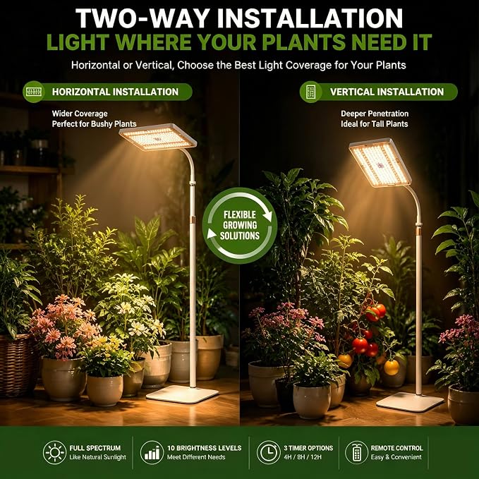 LED Grow Lights for Indoor Plants with Stand for Floor and Tabletop, Full Spectrum Plant Lights for Indoor Growing with Timer 4H/8H/12H, Grow Light with 3 Lighting Mode & 10 Dimmable Brightness.