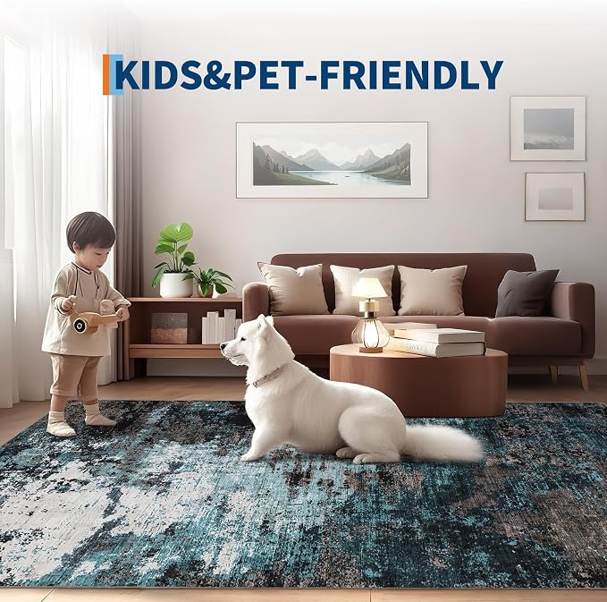 GarveeHome Machine Washable Runner Abstract Hallway Rugs 2x6 Blue Green | Non-Slip Backing, Stain-Resistant Low Pile Floor Cover, Colorful Indoor Mat, Bedroom, Kitchen, Laundry