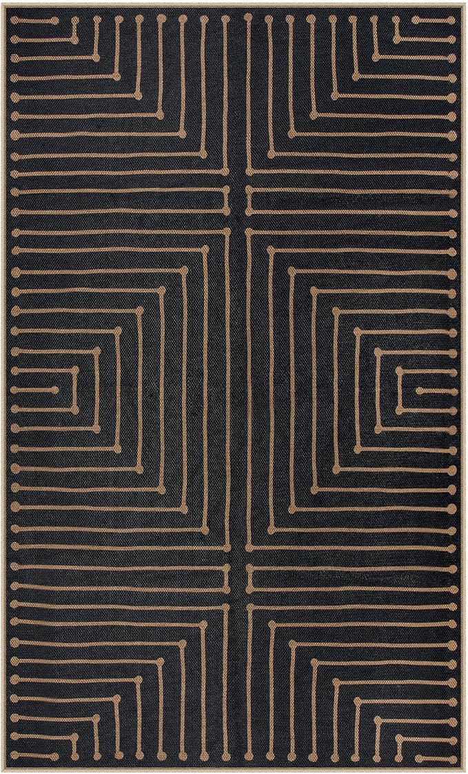 Lahome Black 3x5 Washable Rug, Neutral Easy Jute Entryway Front Porch Rug | Farmhouse Geometric Rhombus Non Slip Non Shedding Carpet for Kitchen Entrance Balcony