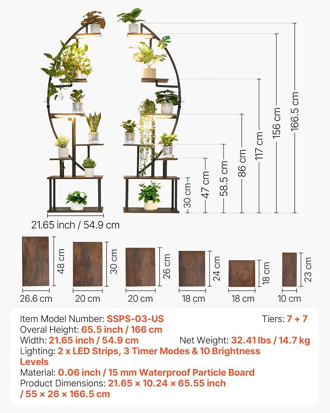 VEVOR Plant Stand Indoor with Grow Lights, 65.5 in Tall 7-Tiered Lighted Plant Shelf, 2 Pack Metal Corner Plants Holder, 3 Timer & 10 Brightness, Half-Moon Shaped Flower Display Rack for Living Room