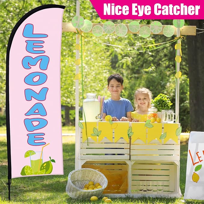 Buryeah Lemonade Feather Flag for Business Advertising 7x5.4ft Feather Flag Sign with Flagpole Ground Stake Portable Bag Lemonade Themed Banner with Rope for Outside Garden Business Party (Pink)