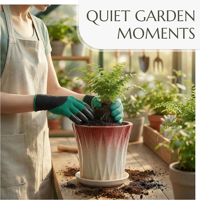 10 Inch Ceramic pots for Plants with Saucer Drainage Leak-Proof Mesh, Round Plant Pot with Gardening Gloves for Indoor Outdoor Plants (Rippled Pink)