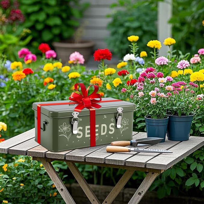 Seed Storage Organizer, Seed Saving Box with Lid, Metal Seed Bin Seed Packet Container with 50 Seed Envelopes 60 Transparent Bottles 1 Funnel 1 Marker Pen 4 Compartments Box with Locks, Green