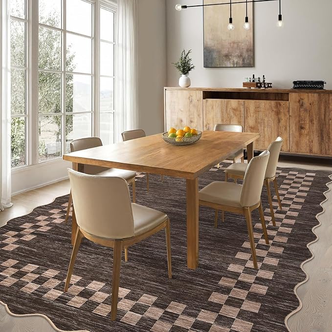GarveeHome 8x10 Rug for Living Room Scalloped Washable Large Bedroom Rugs | Non Slip Stain Resistant Modern Border Dining Room Throw Carpet Neutral Scalloped Rug for Home Decor Office Nursery, Brown