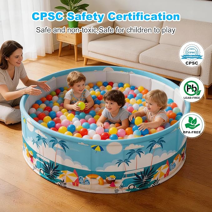 Foldable Kids Pool Hard Plastic Collapsible Deep Kiddie Pool, Small Toddler Pools for Swimming, Backyard Dog Pool (Beach Party 62.9"x17.7")