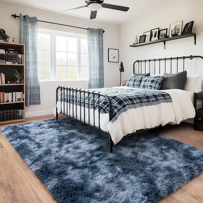 Rugs for Bedroom, Ultra Fluffy Fuzzy Shag 5x7 Area Rug for Living Room, Modern Plush Soft Upgrade Non-Slip Carpet for Kids Girls and Boys, Dorms, Nursery, Home Decor, Tie-Dyed Blue Grey