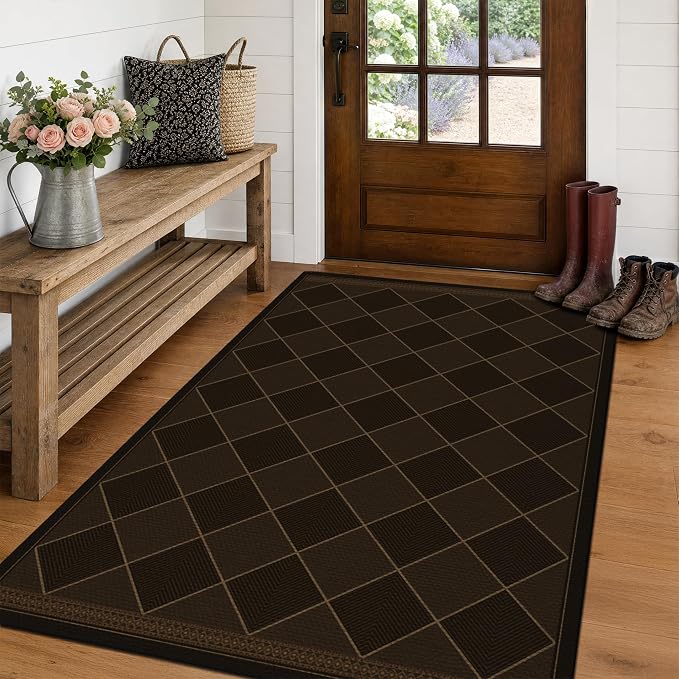 Dark Brown Diamond Checkered Easy Jute Rug Entryway 4x6, Non Slip Stain Resistant Checkerboard Area Rug, Low Pile Indoor Outdoor Carpet for Living Room, Porch & Office, Mid-Century Modern Style Decor