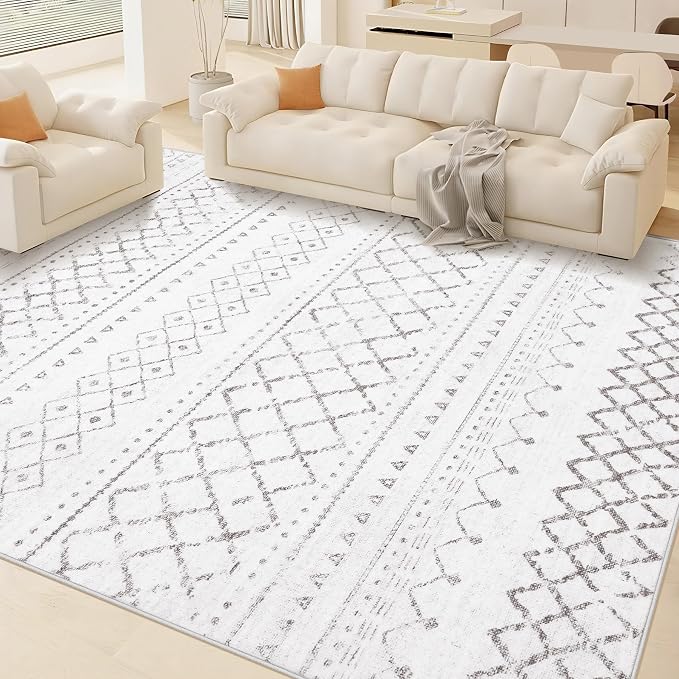 Area Rug for Living Room 6x9: Large Washable Boho Moroccan Rugs Geometric Neutral Rug, Non-Slip Foldable Morden Farmhouse Indoor Floor Carpet for Bedroom Dining Table Home(Dark Grey,6X9)