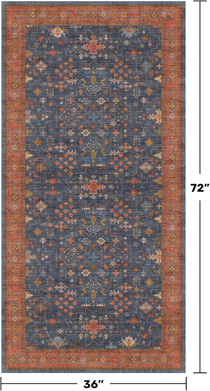Washable Kitchen Rugs, 3x6 Area Rug for Large Entryway Indoor, Kitchen Mat, Small Rug for Living Room - Stain Resistant Non Skid Non Slip Rubber Backing, Boho Aethestic Décor (3x6 Navy Blue)