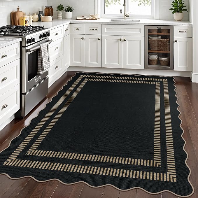 Scalloped Modern Easy Jute Carpet, 5x7 Outdoor Patio Washable Area Rug, Indoor Black Kitchen Rugs Farmhouse Neutral Non Slip Rug for Living Room Patio Entryway