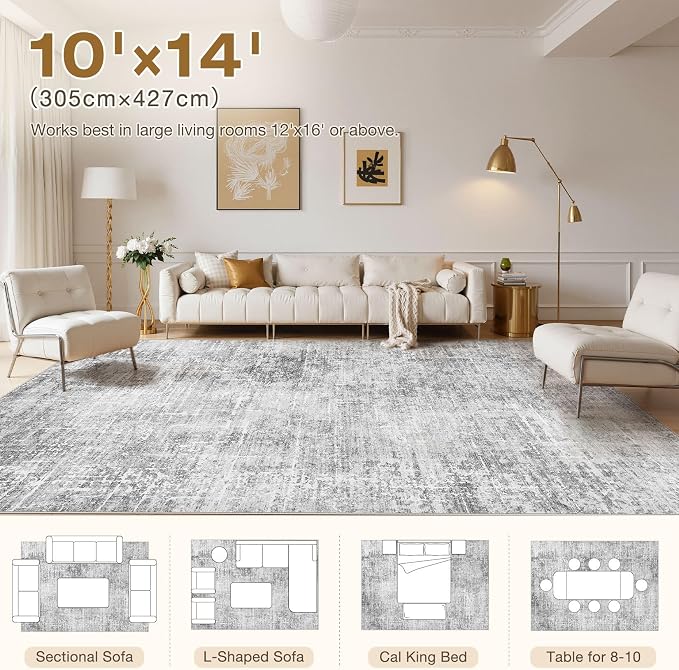 kakania Abstract 10x14 Area Rugs for Living Room: Washable Rugs Grey White | Soft, Non-Slip, Low-Pile, Pet & Kid Friendly - Large Modern Home Decor Carpet for Bedroom/Dining Room/Office/Nursery