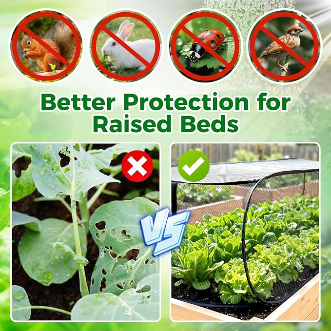 BobbleT 2 Pack Garden Covers for Raised Beds, Pop Up Mesh Plant Cover with 30% Sunblock Shade Cloth, Crop Cage for Seedlings & Vegetables, Black Outdoor Garden Bed Cover with 16 Metal Stakes