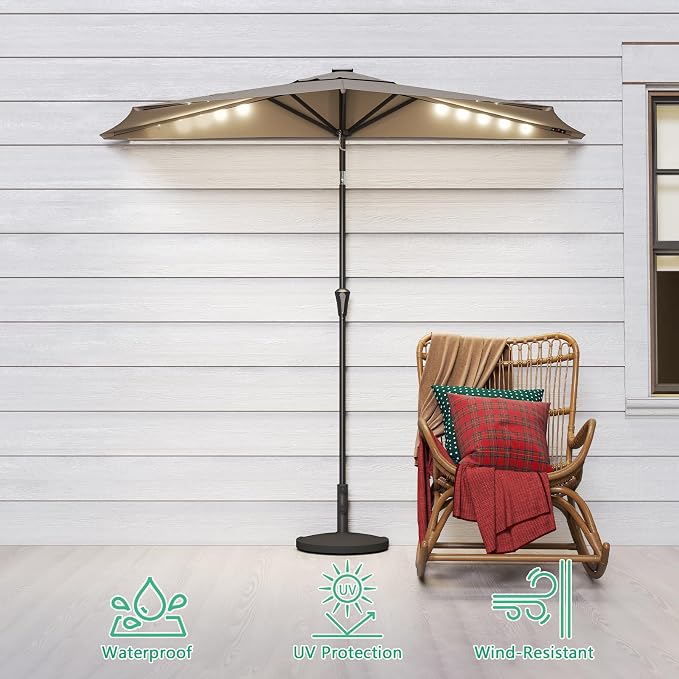 Helios&Hestia 9 ft Small Half Round Solar Powered Wall Outdoor Market Patio Umbrella with LED Lights and Tilt for Garden, Deck, Balcony