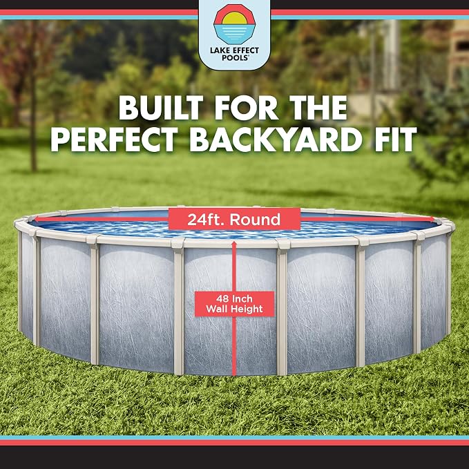 Lake Effect Pools 'Bermuda' 24 ft Round Above Ground Swimming Pool | 48 Inch Walls | 6" Steel Top Ledge | Bundle Includes: 25 Gauge Overlap Liner & Widemouth Skimmer
