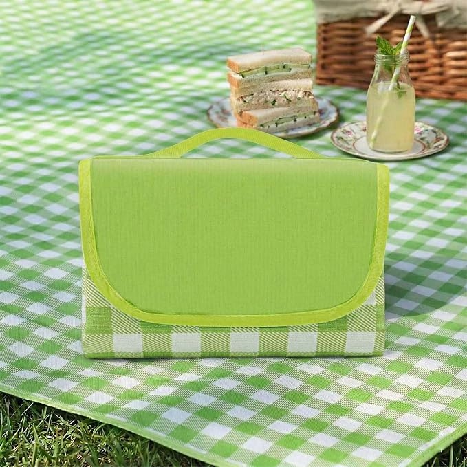 Waterproof Foldable Picnic Blanket Outdoor with Carry Strap,80"X60" Extra Large Beach Blanket Sandproof,Portable Soft Gingham Picnic Mat for Camping Travel Hiking Family Concerts Park(Green)