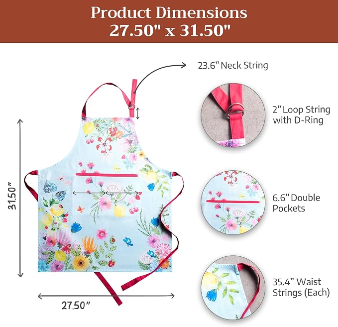 Maison d' Hermine Aprons for women with Pocket 100% Cotton (27.50"x31.50") | Adjustable Neck Strap & long ties Apron Men Chef Wedding Cooking Gardening Server Maid