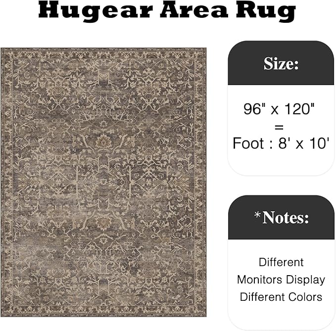 8x10 Brown Vintage Floral Washable Area Rug for Living Room | Low Pile, Non Slip, Retro Style, Soft Distressed Indoor Rug for Bedroom, Dining Room, Kitchen, Entrance, Home Decor