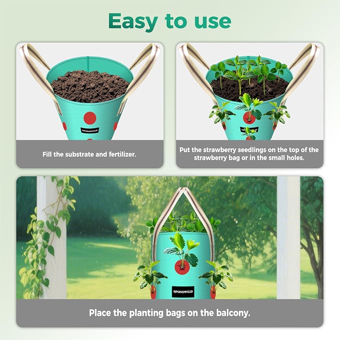 3 Pack Hanging Strawberry Planter Bags, 10 Gallon Hanging Grow Bags with Bottom Planting Hole, Thickened PE Strawberry Pot for Vegetables Herbs Tomatoes