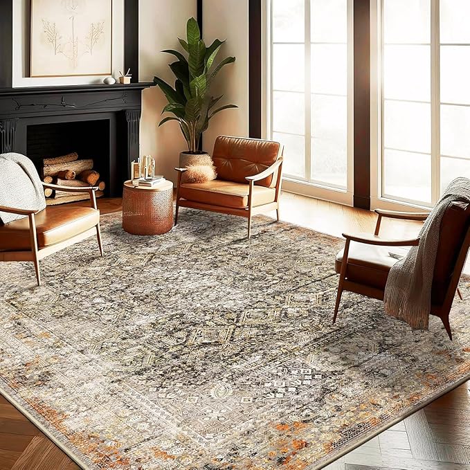 CHAMPLANT Area Rug 6'x9' Washable Vintage Traditional Floor Cover Thin Retro Kitchen Indoor Distressed Non Slip Carpet Floral Print Mat for Living Room Bedroom Dining Room