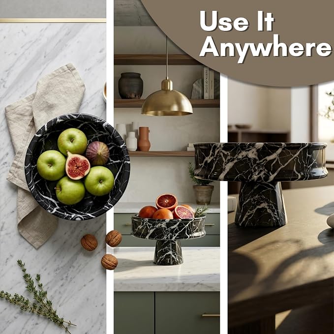 Marble Fruit Bowl for Kitchen Counter, 10" Handcrafted Natural Stone Decorative Bowl, Catch-All Key Dish, Dining Table Centerpiece, Pedestal Bowl, & Housewarming Gift (Black Marble)