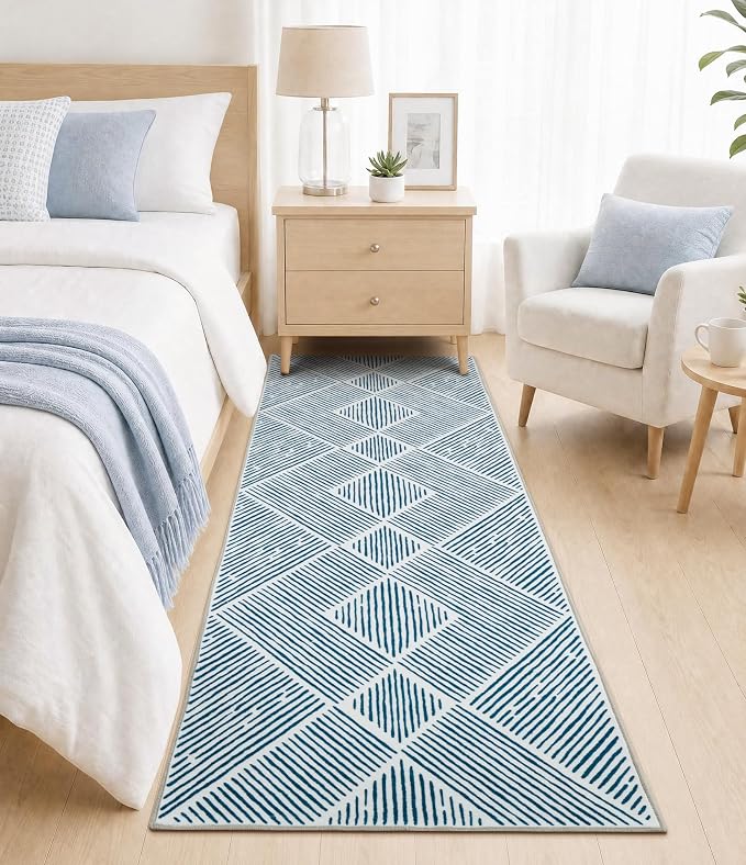 2‘x6' Washable Blue and White Geometric Runner Rug for Kitchen | Non-Slip, Low Pile, Stain Resistant, Modern Navy Blue Stripe Long Rug for Hallway Entryway Bedroom