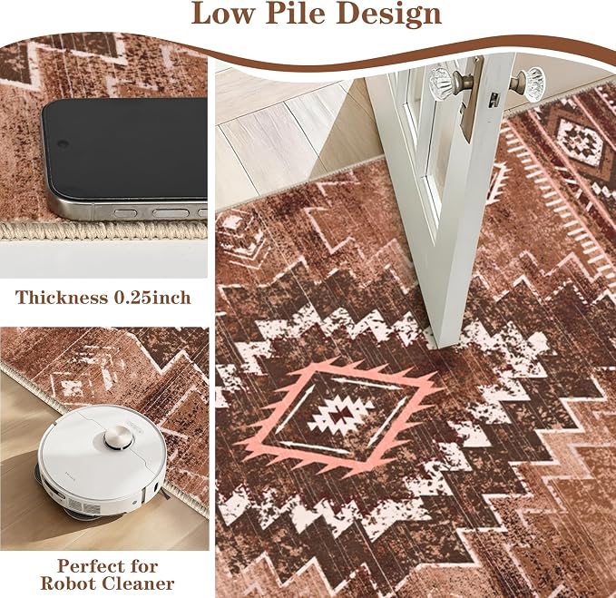 Yinhua Western 3x5 Entryway Rug, Moroccan Washable Rug Low-Pile | Aztec Non-Slip Area Rugs with Rubber Backing, Soft Brown Carpet Stain Resistant for Dining Room Living Room