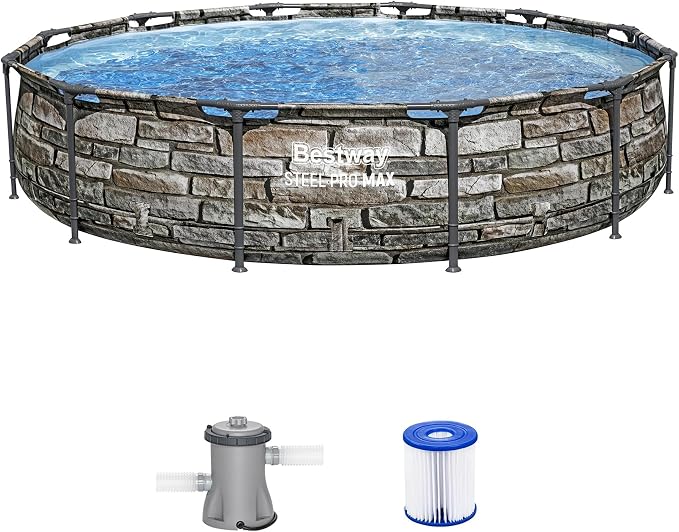 Bestway Steel Pro MAX 12' x 30" Above Ground Swimming Pool Set with Pump | Durable Round Metal Frame Outdoor Backyard Pool, Puncture-Resistant Liner - Type I Filter Cartridge Included, Stone Print