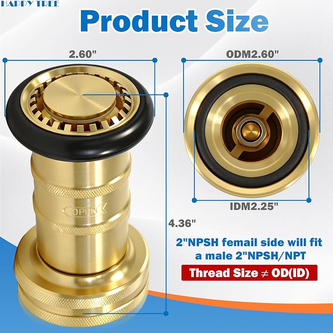 Happy Tree 2" NPSH Fire Hose Nozzle Brass Fire Equipment Heavy Duty Industrial Fog Nozzle