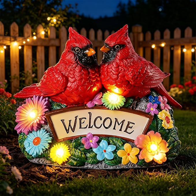 Solar Garden Statues 5.3" Couple Red Cardinal Figurines with Welcome Sign Waterproof Flower Garden Decor LED Lights for Outdoor Yard Patio Lawn Gifts for Mother Grandma Wife Sister Women