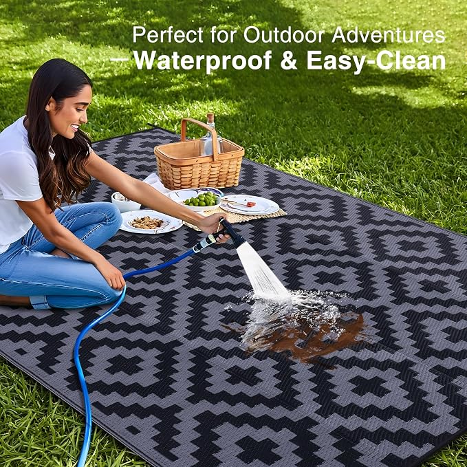OLANLY Waterproof Outdoor Rug 9x18 ft, Outdoor Plastic Straw Rug for Camping, RV Mat Outside, Indoor Outdoor Carpet for Porch, Deck, Backyard, Balcony, Picnic, Black & Grey