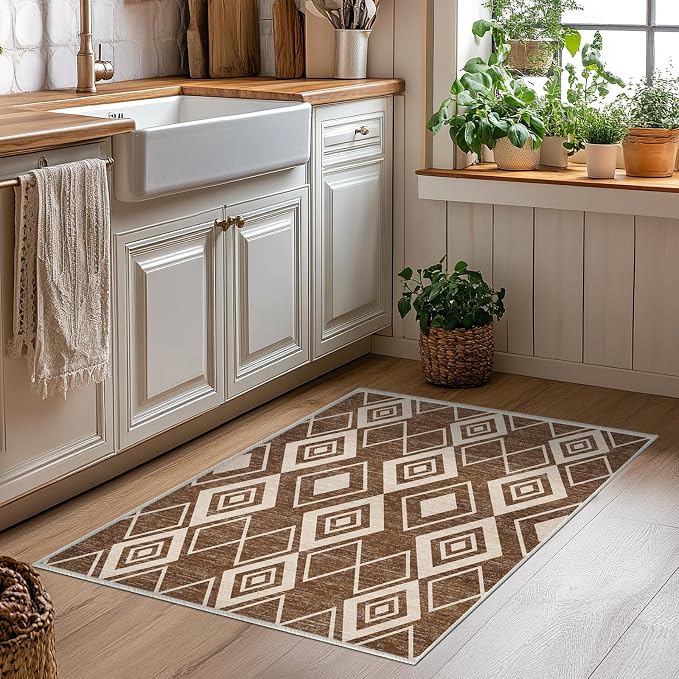 2x3 Moroccan Rug for Bathroom Entryway Western Boho Terracotta Modern Farmhouse Area Rug Machine Washable Non-Slip Small Mat Tribal Series Carpet for Bedroom Kitchen