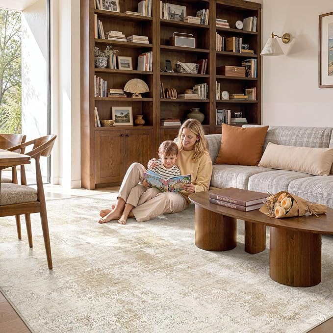 UERMEI 10x12 Area Rug for Living Room Washable Abstract Beige Carpet | Low Pile Non-Slip Soft Neutral Modern Kid Pet Friendly Large Rugs For Bedroom Dining Room Nursery Office Indoor Decor