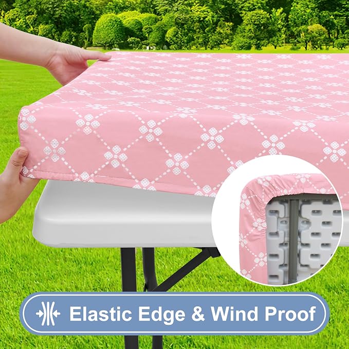 misaya Rectangle Vinyl Table Cloth, Elastic Fitted Tablecloth with Flannel Backing, Waterproof Plastic Table Cover Fits 8 Foot Folding Tables for Picnic, Camping, Indoor and Outdoor (Pink, 30" x 96")