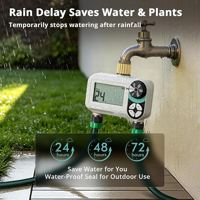 QUOBAS Zero Pressure Sprinkler Timer with Child Lock, Programmable Water Timer for Garden Hose with Brass Ports, Rain Delay/Manual/Auto Irrigation System, 2 Zone Watering for Rain Barrel, 2 Pack