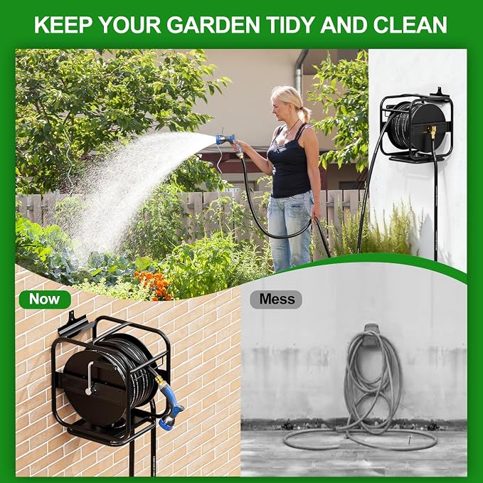 SPECILITE Metal Garden Hose Reel With 100 Ft Hose, 900PSI Burst, Heavy Duty UV Resistant Wall Mount/Freestanding Spool with Nozzle, Brass Fittings, 360° Rotation Frame for Yard