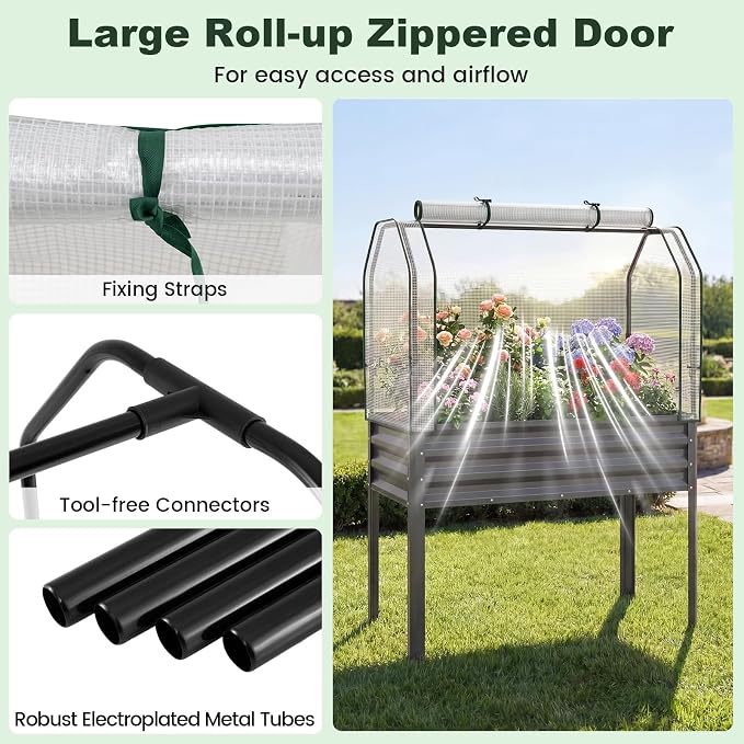 Giantex Raised Garden Bed with Legs & Greenhouse Cover, 44x20x60 Elevated Metal Planter Box with Roll-up Door, Outdoor Mini Greenhouse for Vegetable Flower Herb Patio Balcony (Gray,1)