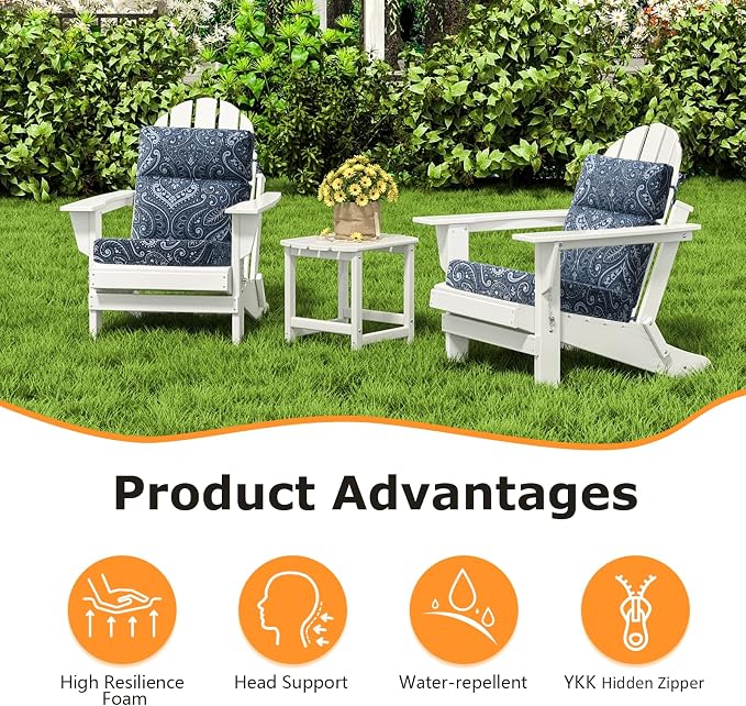 Unimatta Outdoor Separate High Back Chair Cushion Seat Pads, 2-Pack 44 x 21 Inch Water-Repellent & Fade-Resistant Patio Furniture Cushions with Ties for Adirondack, Rocking Chairs, Damask Blue Flower