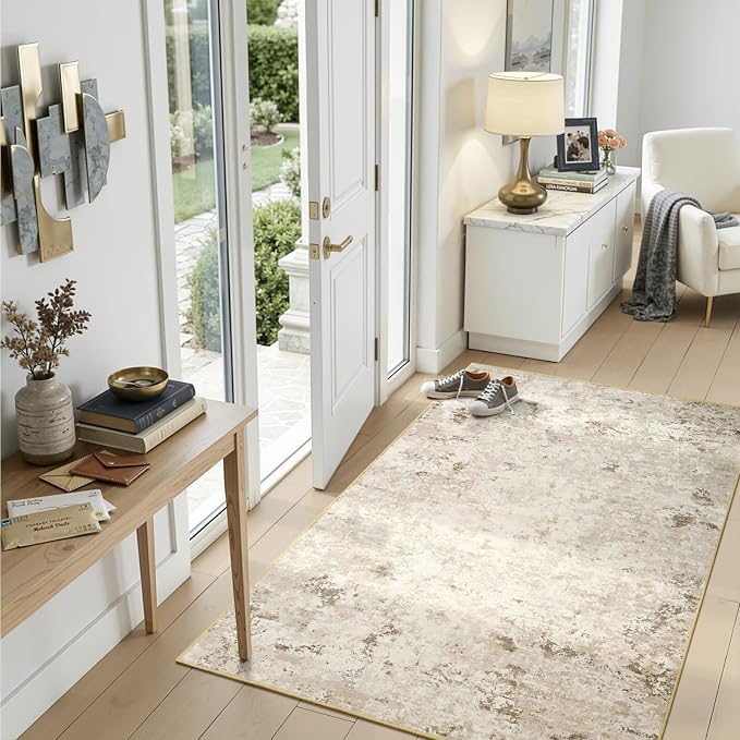 Toneed 3x5 Washable Non Slip Abstract Area Rugs for Bedroom Living Room | Soft Modern Low Pile Rug for Kitchen Hallway Office,Indoor Carpet for Kids Nursery Home Decor, Beige