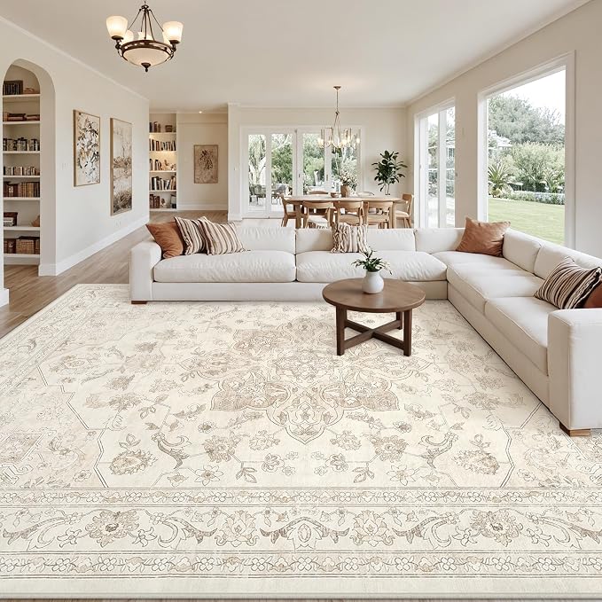 8x10 Area Rugs Living Room: Bedroom Washable Carpet Beige White | Vintage Boho Soft Small Indoor Decor Floor Non-Slip Low Pile Neutral Farmhouse Entryway Laundry Bathroom Bedroom Beside Rugs