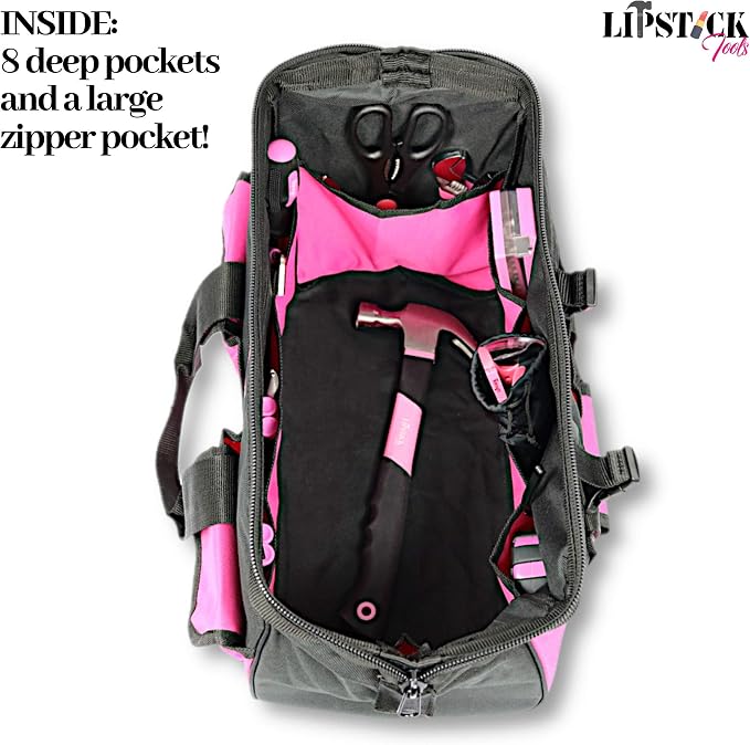 18-Inch Multi-Purpose Zip-Top Pink Storage Wide Mouth Tool Bag Organizer. Great for Home Improvement/Contractors Tools. Heavy Duty Storage Pockets and Shoulder Strap.