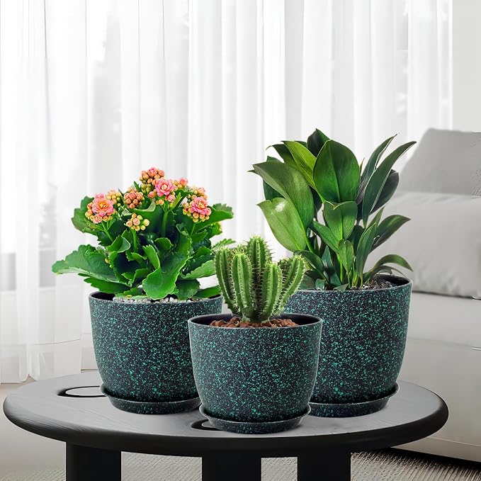 WSMKSZ Plant Pots 10/9/8 inch, Set of 3 Modern Decorative Plastic Planters with Drainage Holes and Saucers for Garden House Plants, Flower Pots for Indoor Outdoor Plants, Black with Green Speckles