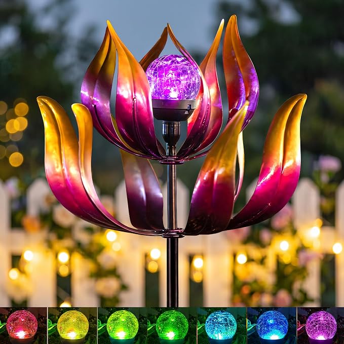 Solar Wind Spinners Outdoor for Yard and Garden, 61'' Lotus Kinetic Wind Sculptures with Color Changing LED Crackle Glass Globe, Metal Yard Art Decor for Patio Lawn, Garden Gifts for Women/Mother