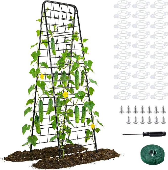 WAENLIR 63x17inch Cucumber Trellis Tomato cage with Dense Steel Grid–A-Frame Heavy Duty Metal Trellis for Raised Beds, Cattle Panels for Garden Trellis for Climbing Plants Outdoor (Black, 63x17inch)