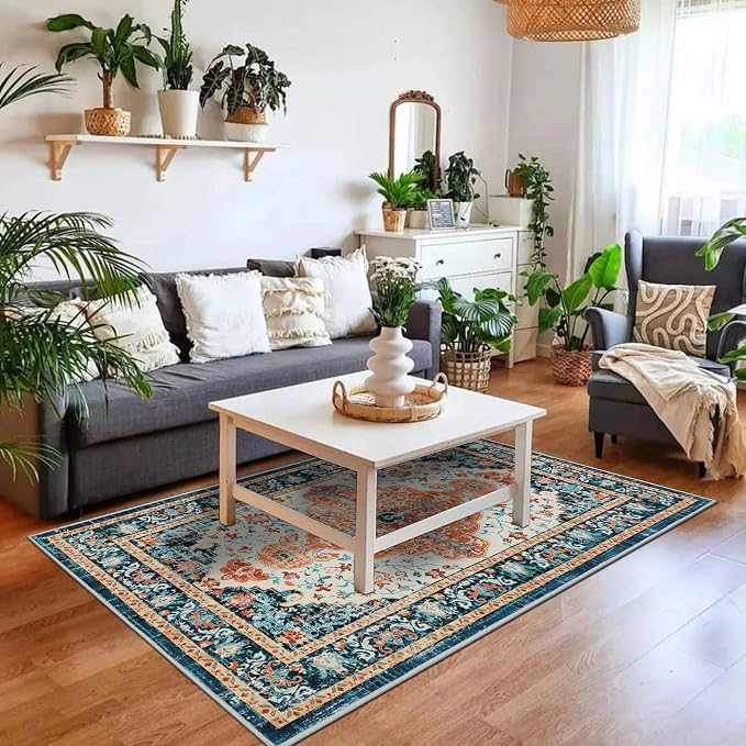 U'Artlines Boho Vintage Area Rug 3x5 Machine Washable Carpet,Orange/Multi | Low Pile, Non Slip, Ultra-Thin Soft Floor Carpet, Accent Rug for Living Room Bedroom Entryway Dining Room Office